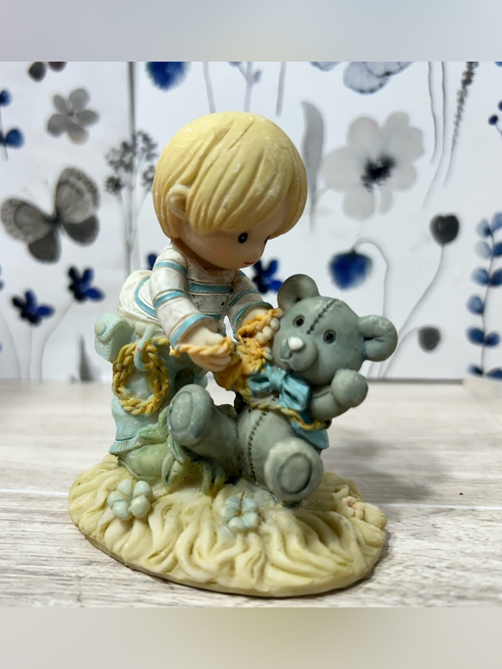 Boy With Teddy Bear Figurine 3” Pastel Nursery Childhood Decor